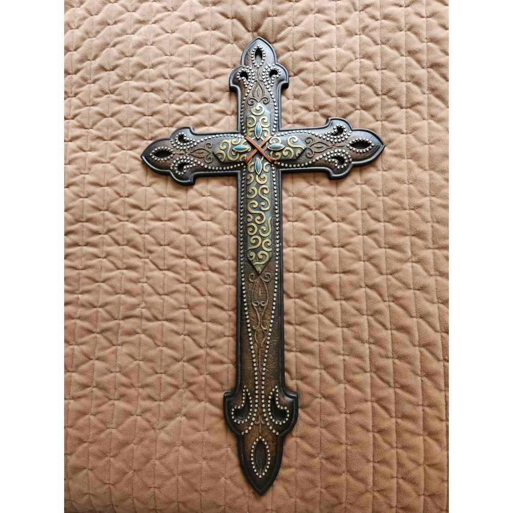 Southwest Native American Turquoise Brown Wall Cross Decor 11" X 20"